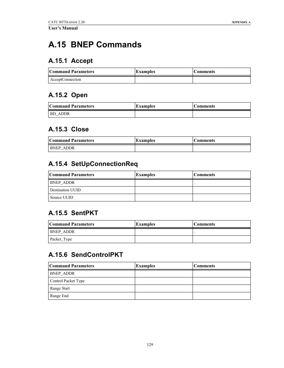 A.15 bnep commands, A.15.1 accept, A.15.2 open | A.15.3 close, A.15.4 setupconnectionreq, A.15.5 sentpkt, A.15.6 sendcontrolpkt, Bnep commands | Teledyne LeCroy BTTracer_Trainer - BTTrainer Users Manual User Manual | Page 147 / 336