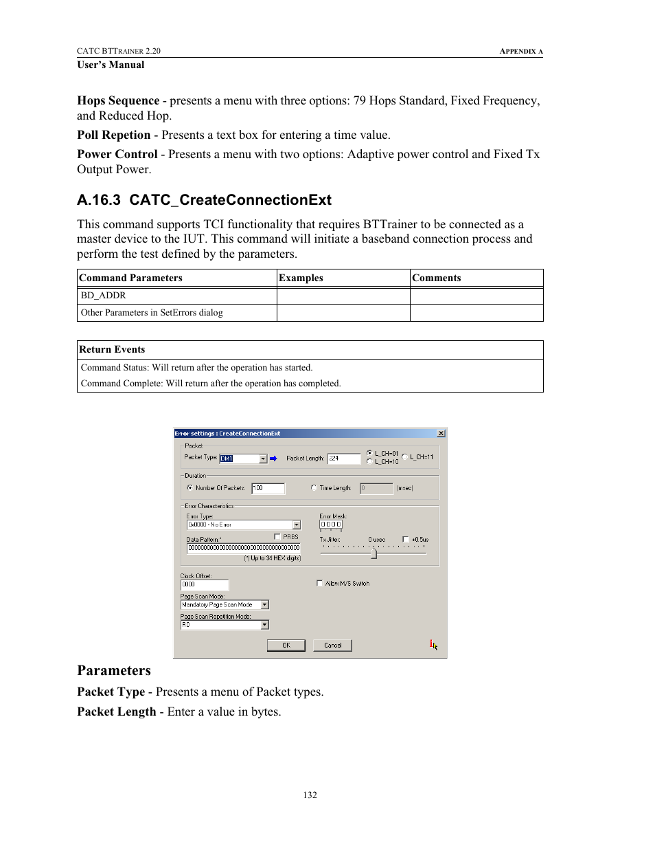 A.16.3 catc_createconnectionext, Catc_createconnectionext, Parameters | Teledyne LeCroy BTTracer_Trainer - BTTrainer Users Manual User Manual | Page 150 / 336