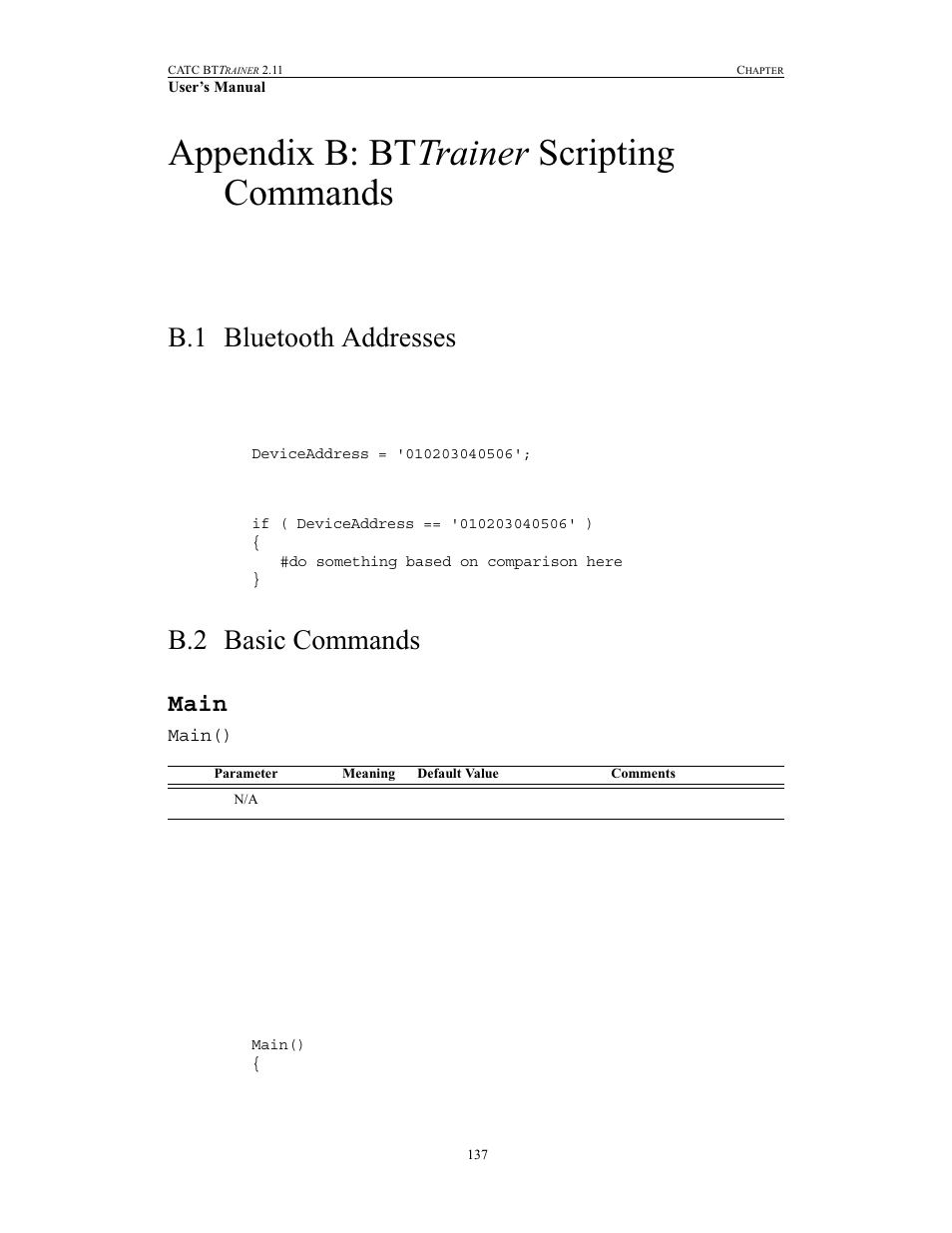 Appendix b: bttrainer scripting commands, B.1 bluetooth addresses, B.2 basic commands | Main, Appendix b bttrainer scripting commands, Bluetooth addresses basic commands, Appendix b: bt trainer scripting commands | Teledyne LeCroy BTTracer_Trainer - BTTrainer Users Manual User Manual | Page 155 / 336