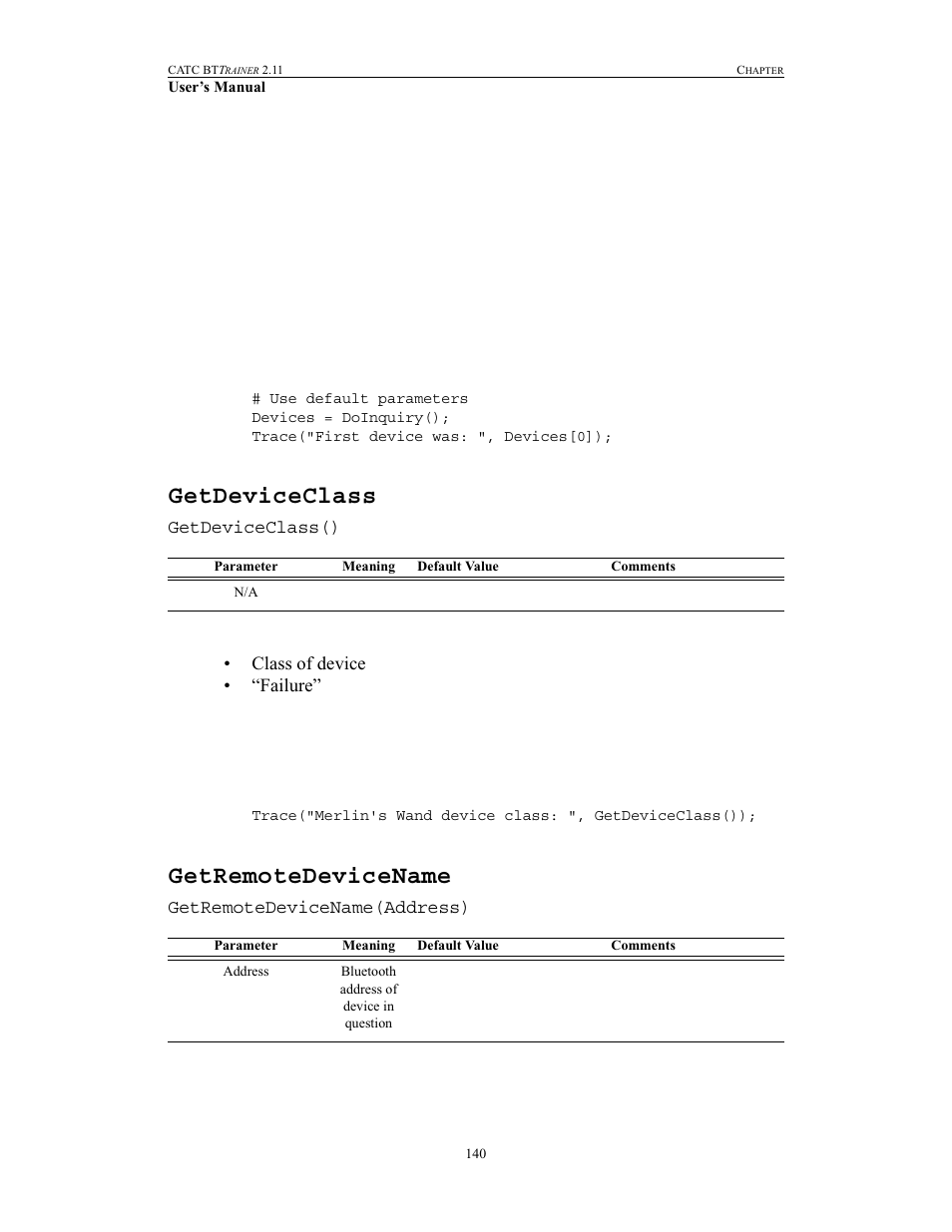 Getdeviceclass, Getremotedevicename, Getdeviceclass getremotedevicename | Teledyne LeCroy BTTracer_Trainer - BTTrainer Users Manual User Manual | Page 158 / 336