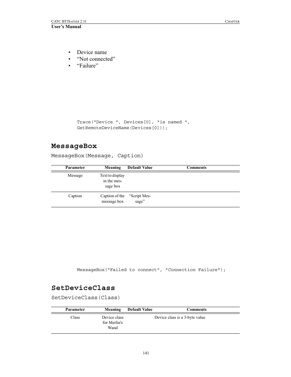 Messagebox, Setdeviceclass, Messagebox setdeviceclass | Teledyne LeCroy BTTracer_Trainer - BTTrainer Users Manual User Manual | Page 159 / 336