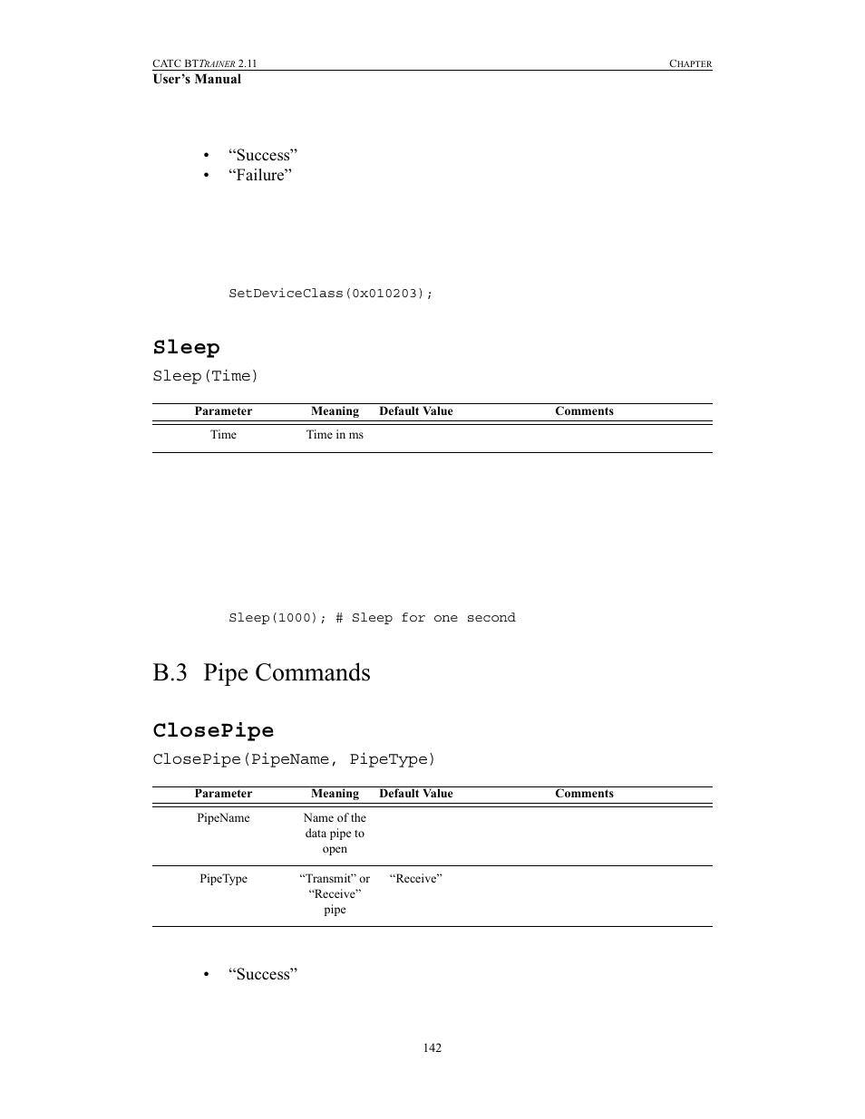 Sleep, B.3 pipe commands, Closepipe | Pipe commands | Teledyne LeCroy BTTracer_Trainer - BTTrainer Users Manual User Manual | Page 160 / 336