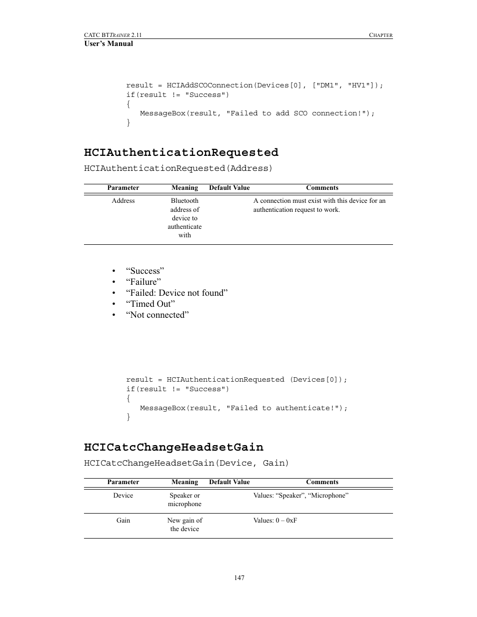 Hciauthenticationrequested, Hcicatcchangeheadsetgain | Teledyne LeCroy BTTracer_Trainer - BTTrainer Users Manual User Manual | Page 165 / 336