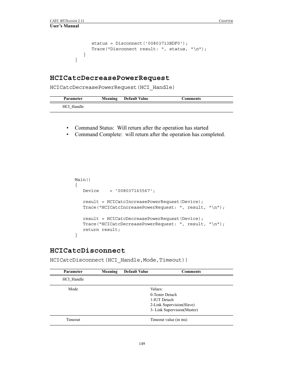 Hcicatcdecreasepowerrequest, Hcicatcdisconnect, Hcicatcdecreasepowerrequest hcicatcdisconnect | Teledyne LeCroy BTTracer_Trainer - BTTrainer Users Manual User Manual | Page 167 / 336