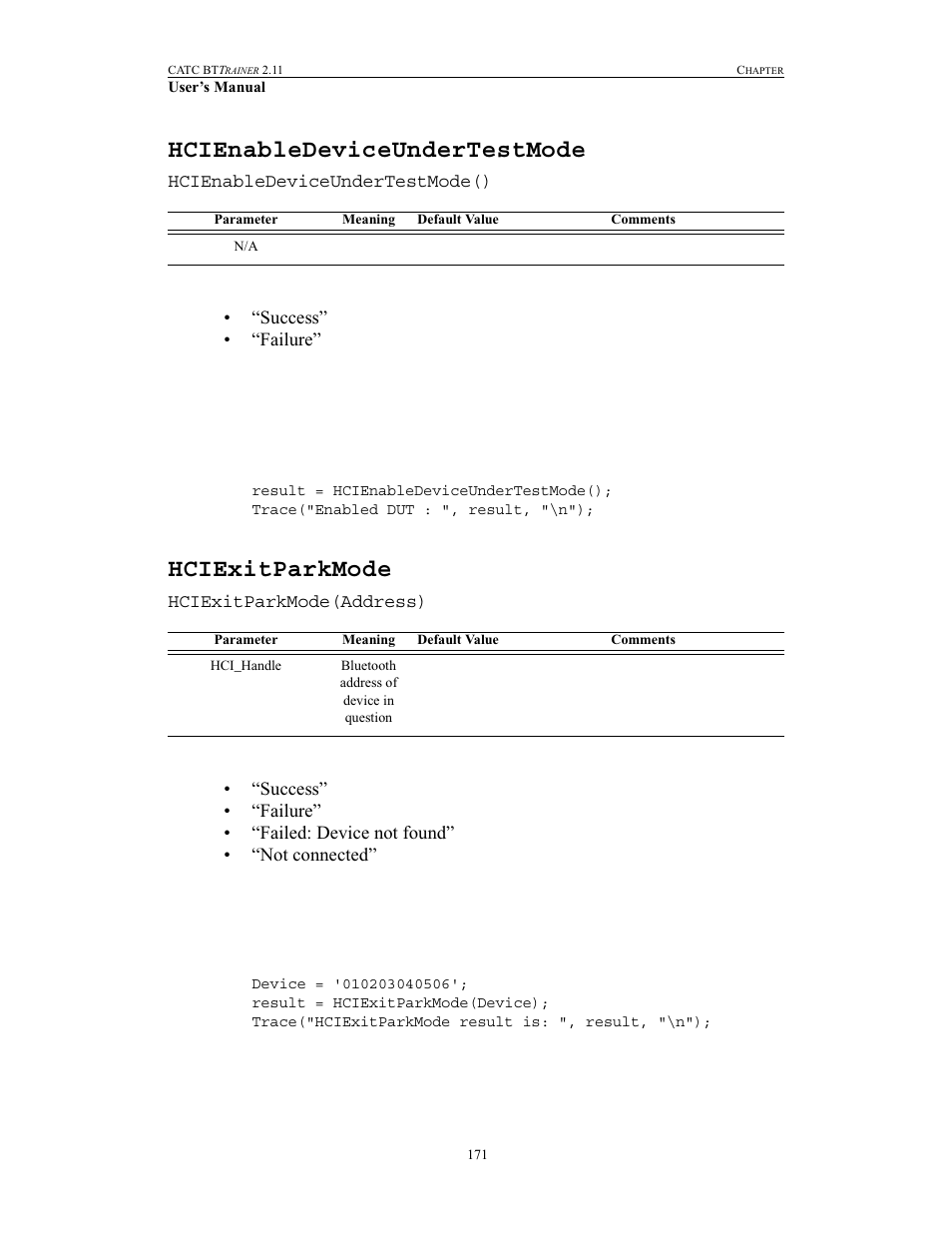 Hcienabledeviceundertestmode, Hciexitparkmode, Hcienabledeviceundertestmode hciexitparkmode | Teledyne LeCroy BTTracer_Trainer - BTTrainer Users Manual User Manual | Page 189 / 336