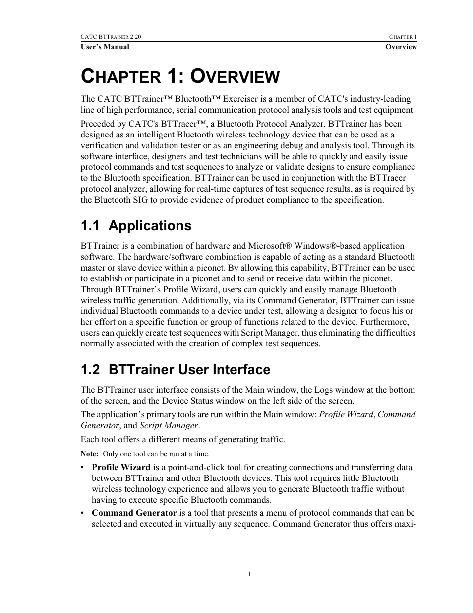 Chapter 1: overview, 1 applications, 2 bttrainer user interface | Chapter 1, Overview, Applications bttrainer user interface, Hapter, Verview | Teledyne LeCroy BTTracer_Trainer - BTTrainer Users Manual User Manual | Page 19 / 336