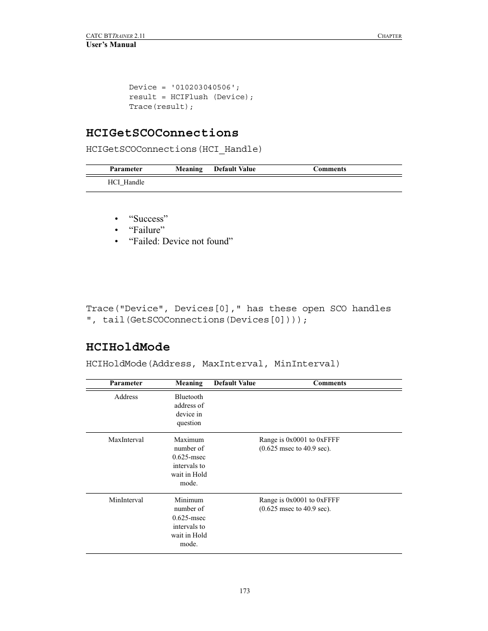 Hcigetscoconnections, Hciholdmode, Hcigetscoconnections hciholdmode | Teledyne LeCroy BTTracer_Trainer - BTTrainer Users Manual User Manual | Page 191 / 336