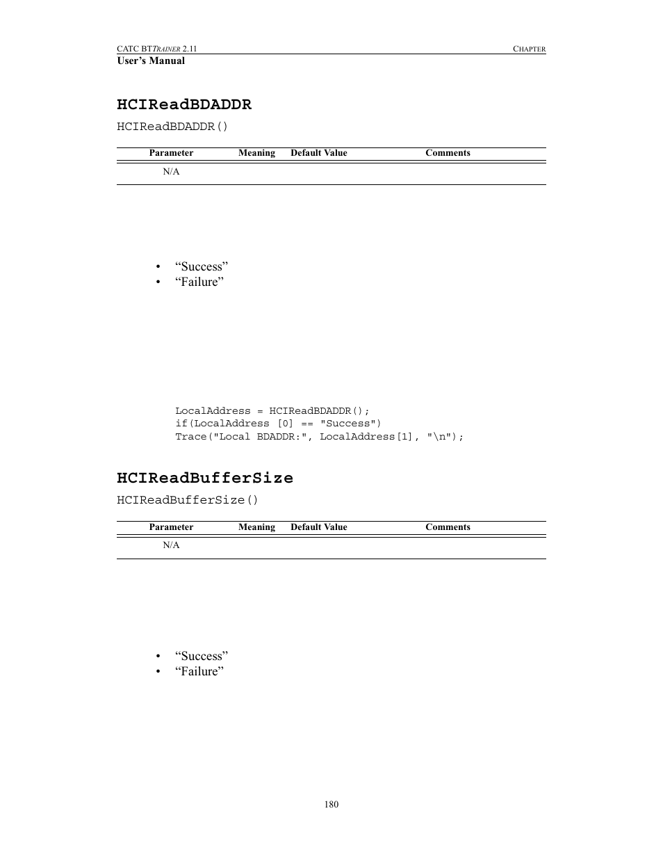 Hcireadbdaddr, Hcireadbuffersize, Hcireadbdaddr hcireadbuffersize | Teledyne LeCroy BTTracer_Trainer - BTTrainer Users Manual User Manual | Page 198 / 336