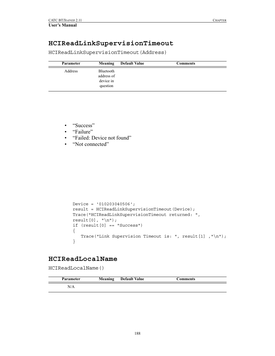 Hcireadlinksupervisiontimeout, Hcireadlocalname, Hcireadlinksupervisiontimeout hcireadlocalname | Teledyne LeCroy BTTracer_Trainer - BTTrainer Users Manual User Manual | Page 206 / 336