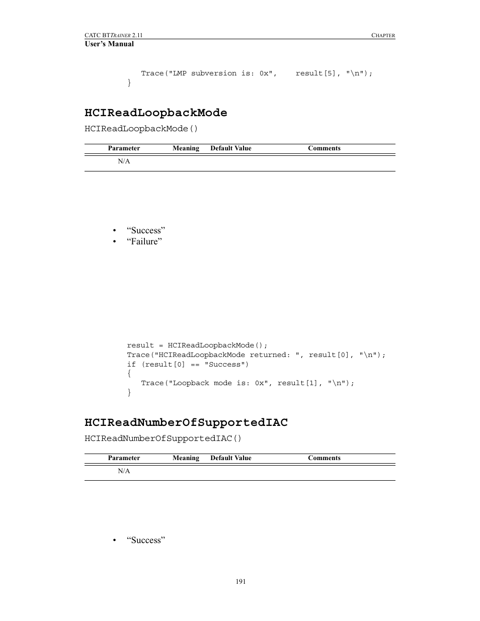 Hcireadloopbackmode, Hcireadnumberofsupportediac, Hcireadloopbackmode hcireadnumberofsupportediac | Teledyne LeCroy BTTracer_Trainer - BTTrainer Users Manual User Manual | Page 209 / 336