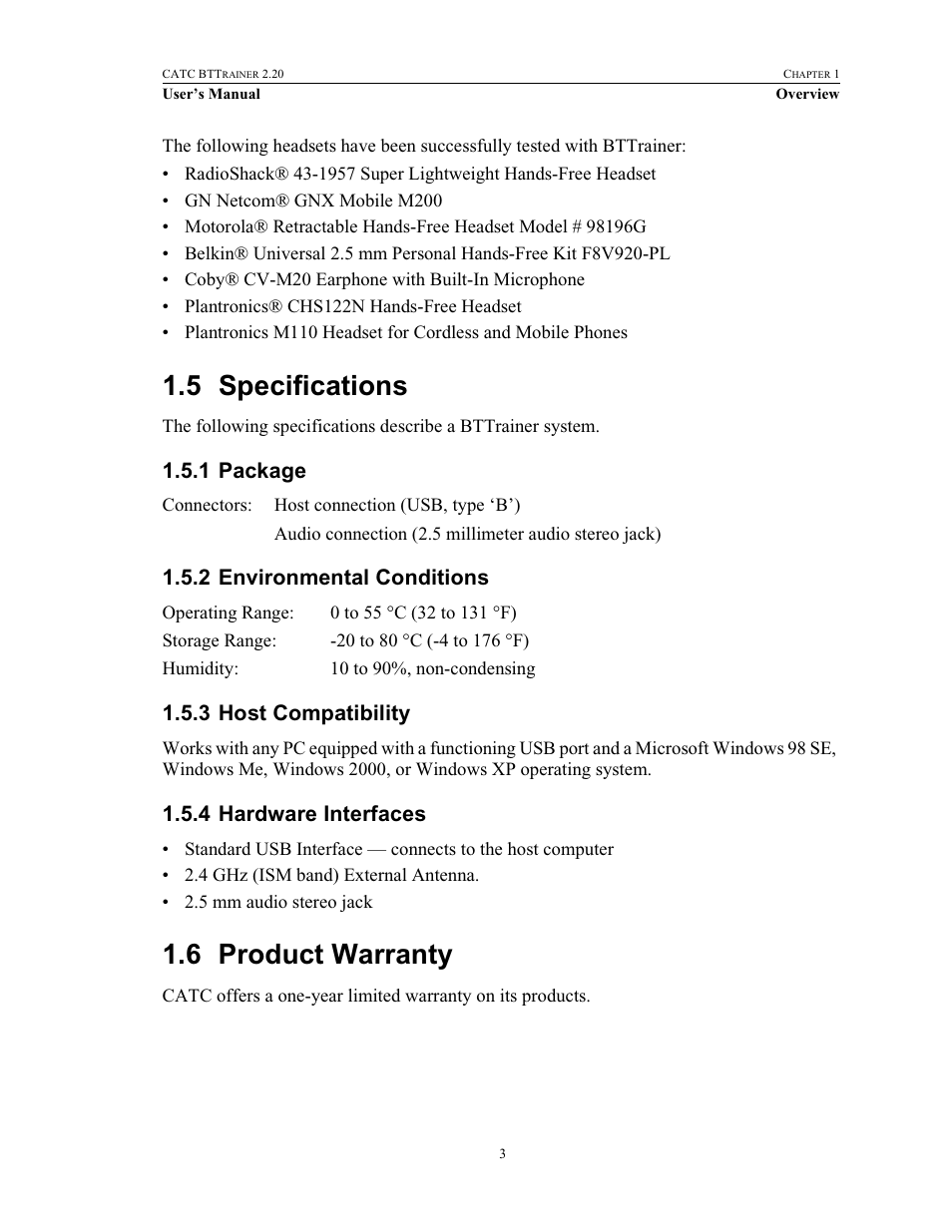 5 specifications, 1 package, 2 environmental conditions | 3 host compatibility, 4 hardware interfaces, 6 product warranty, Specifications, Product warranty | Teledyne LeCroy BTTracer_Trainer - BTTrainer Users Manual User Manual | Page 21 / 336