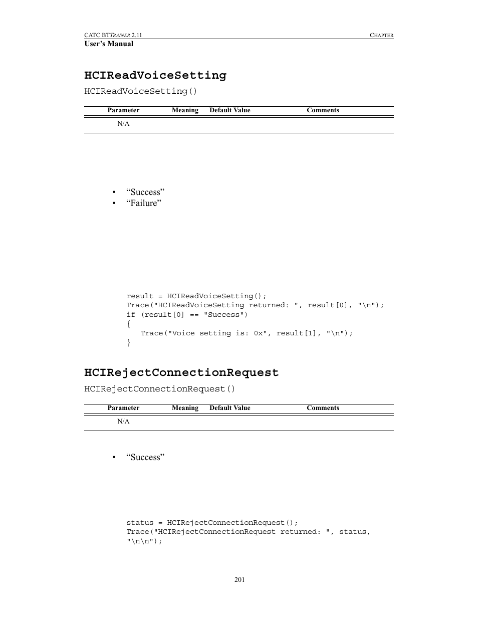 Hcireadvoicesetting, Hcirejectconnectionrequest, Hcireadvoicesetting hcirejectconnectionrequest | Teledyne LeCroy BTTracer_Trainer - BTTrainer Users Manual User Manual | Page 219 / 336