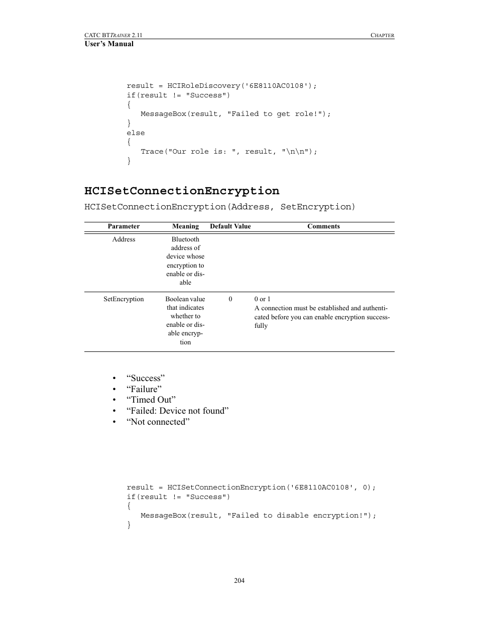 Hcisetconnectionencryption | Teledyne LeCroy BTTracer_Trainer - BTTrainer Users Manual User Manual | Page 222 / 336
