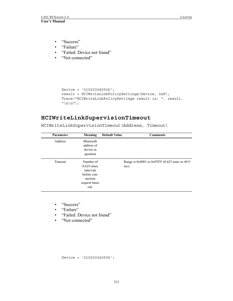 Hciwritelinksupervisiontimeout | Teledyne LeCroy BTTracer_Trainer - BTTrainer Users Manual User Manual | Page 230 / 336