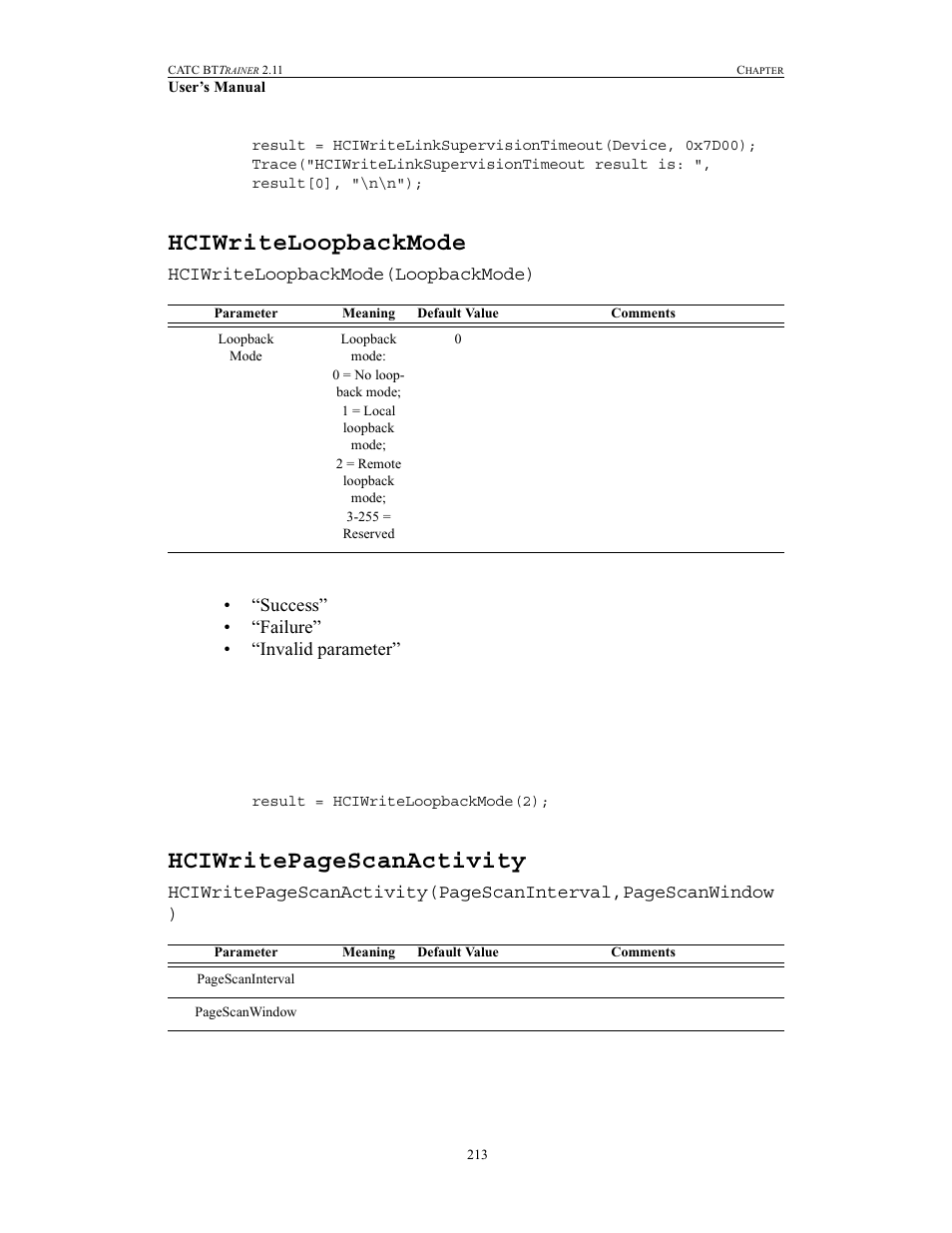 Hciwriteloopbackmode, Hciwritepagescanactivity | Teledyne LeCroy BTTracer_Trainer - BTTrainer Users Manual User Manual | Page 231 / 336