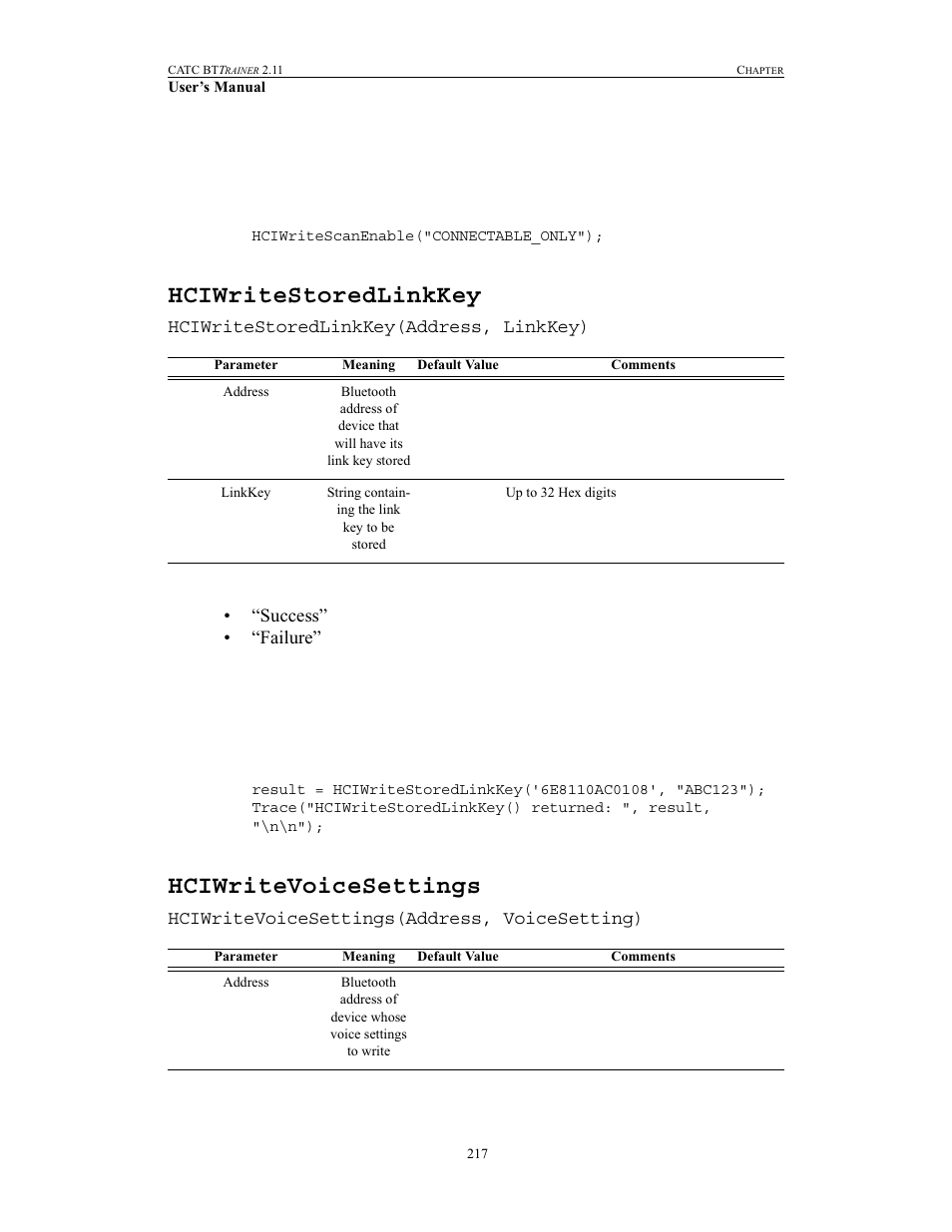 Hciwritestoredlinkkey, Hciwritevoicesettings, Hciwritestoredlinkkey hciwritevoicesettings | Teledyne LeCroy BTTracer_Trainer - BTTrainer Users Manual User Manual | Page 235 / 336