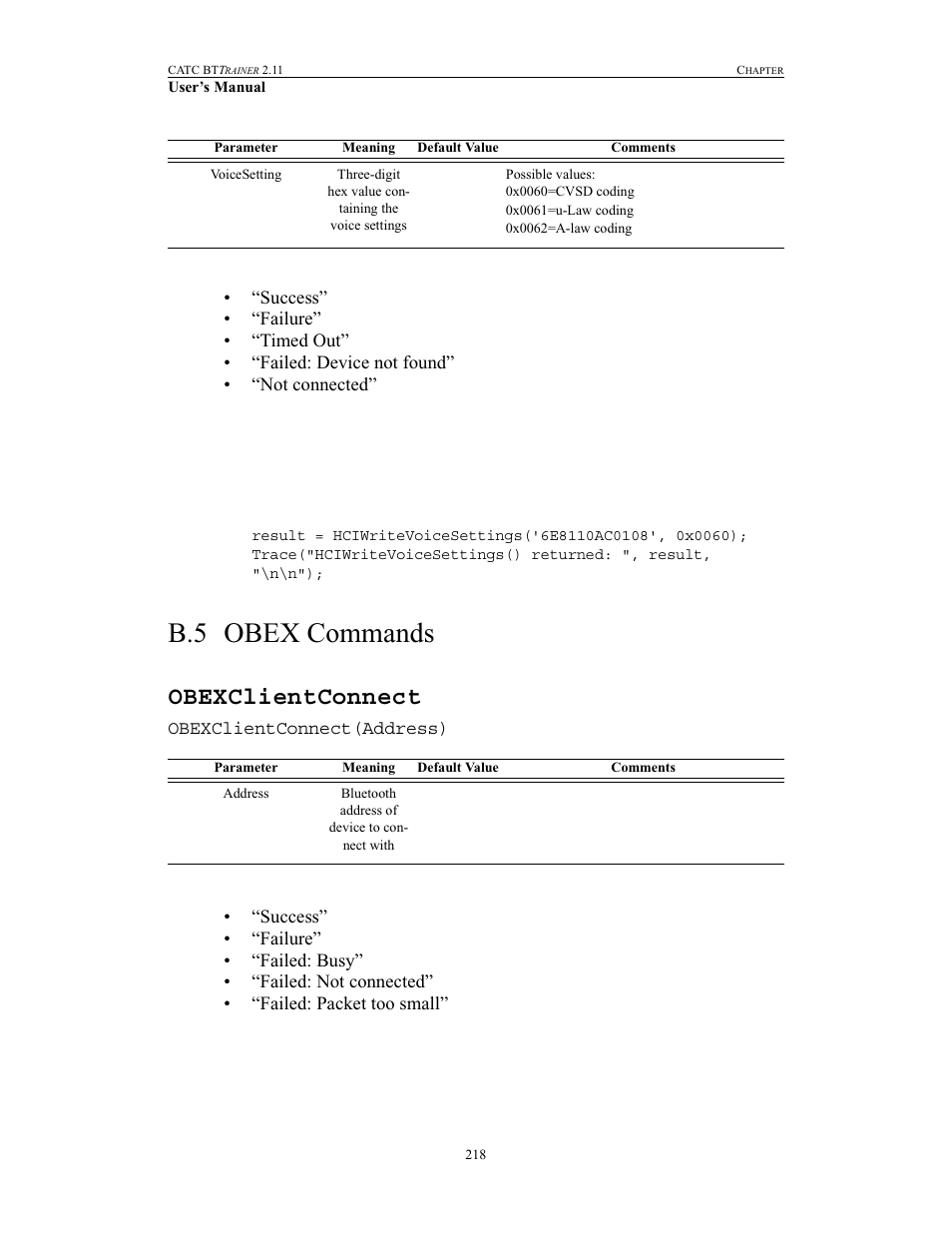 B.5 obex commands, Obexclientconnect, Obex commands | Teledyne LeCroy BTTracer_Trainer - BTTrainer Users Manual User Manual | Page 236 / 336