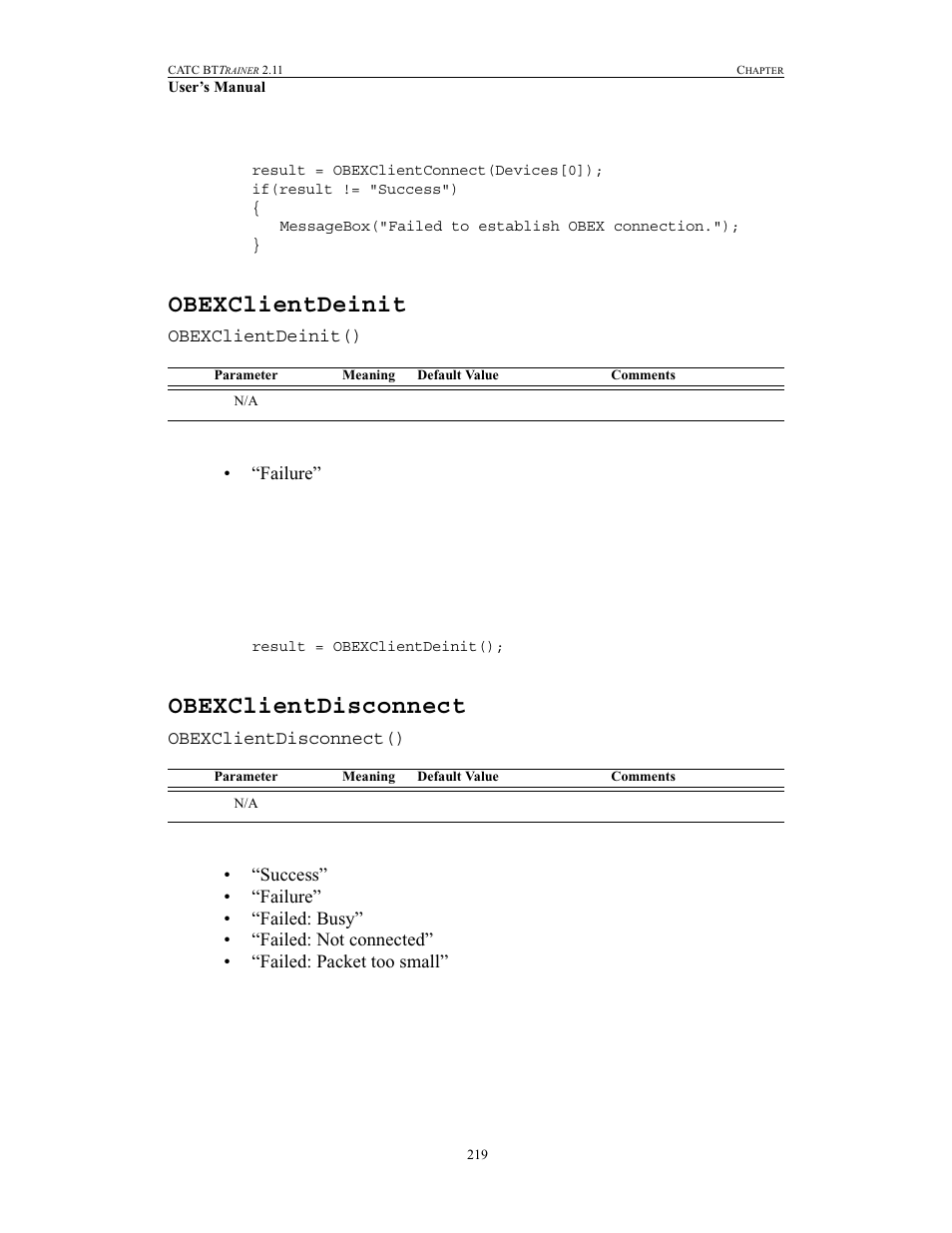 Obexclientdeinit, Obexclientdisconnect, Obexclientdeinit obexclientdisconnect | Teledyne LeCroy BTTracer_Trainer - BTTrainer Users Manual User Manual | Page 237 / 336