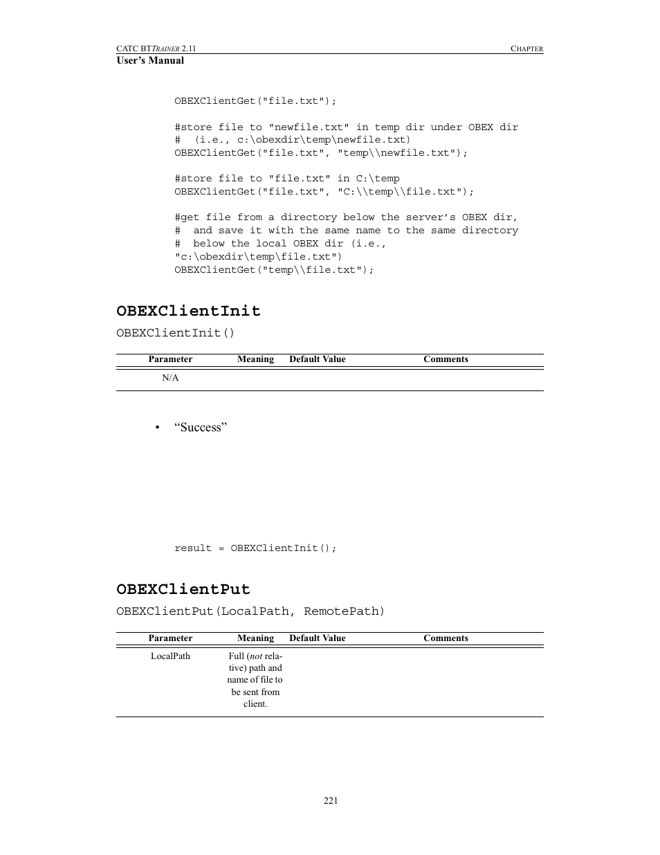 Obexclientinit, Obexclientput, Obexclientinit obexclientput | Teledyne LeCroy BTTracer_Trainer - BTTrainer Users Manual User Manual | Page 239 / 336