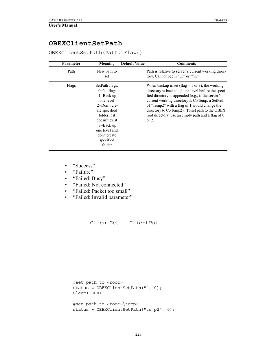 Obexclientsetpath | Teledyne LeCroy BTTracer_Trainer - BTTrainer Users Manual User Manual | Page 241 / 336