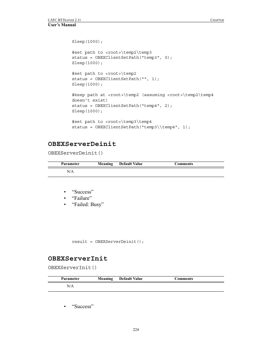 Obexserverdeinit, Obexserverinit | Teledyne LeCroy BTTracer_Trainer - BTTrainer Users Manual User Manual | Page 242 / 336