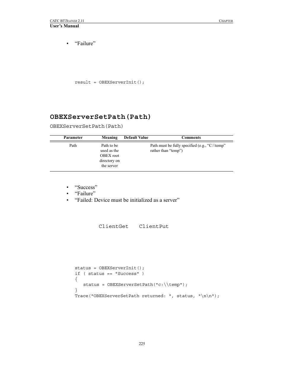 Obexserversetpath(path) | Teledyne LeCroy BTTracer_Trainer - BTTrainer Users Manual User Manual | Page 243 / 336