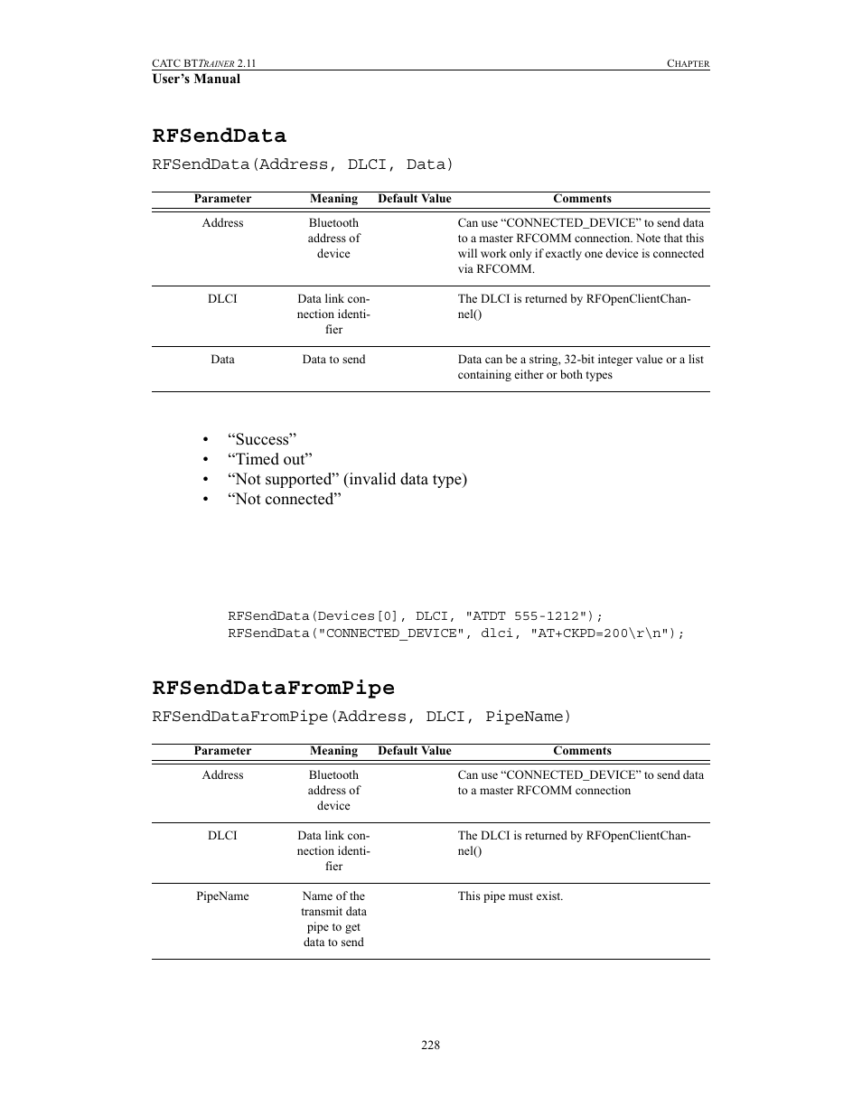 Rfsenddata, Rfsenddatafrompipe, Rfsenddata rfsenddatafrompipe | Teledyne LeCroy BTTracer_Trainer - BTTrainer Users Manual User Manual | Page 246 / 336