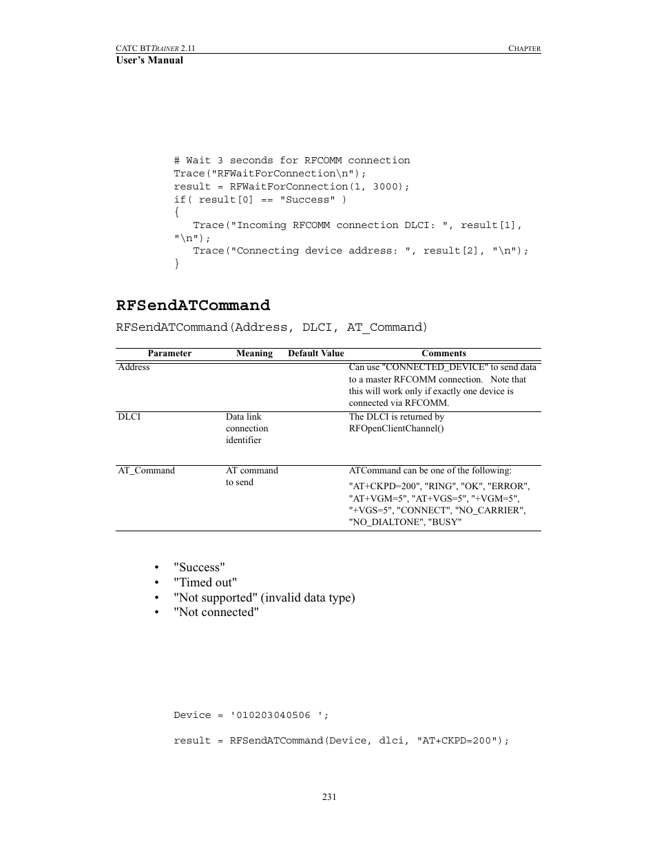 Rfsendatcommand | Teledyne LeCroy BTTracer_Trainer - BTTrainer Users Manual User Manual | Page 249 / 336