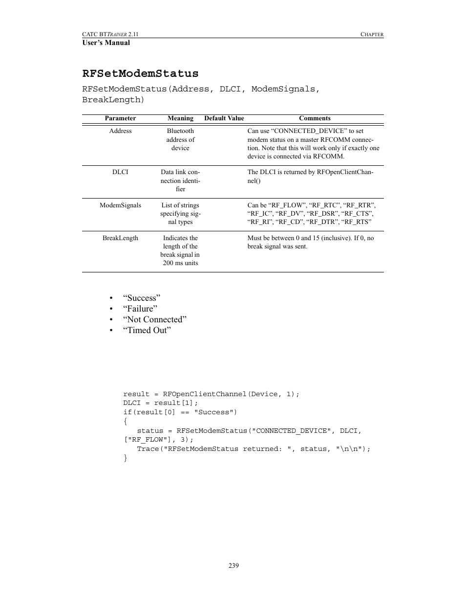Rfsetmodemstatus | Teledyne LeCroy BTTracer_Trainer - BTTrainer Users Manual User Manual | Page 257 / 336