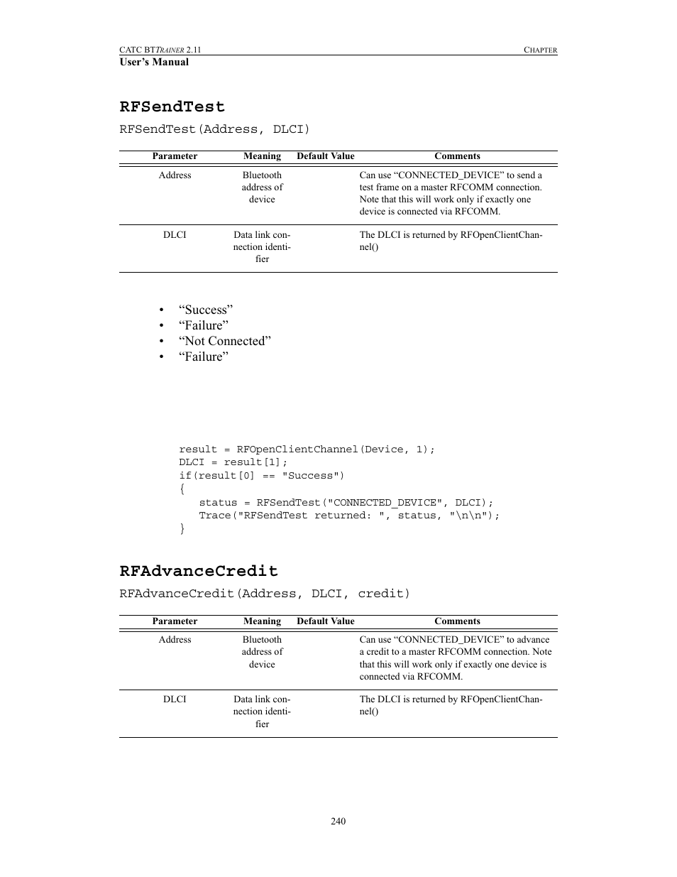 Rfsendtest, Rfadvancecredit, Rfsendtest rfadvancecredit | Teledyne LeCroy BTTracer_Trainer - BTTrainer Users Manual User Manual | Page 258 / 336