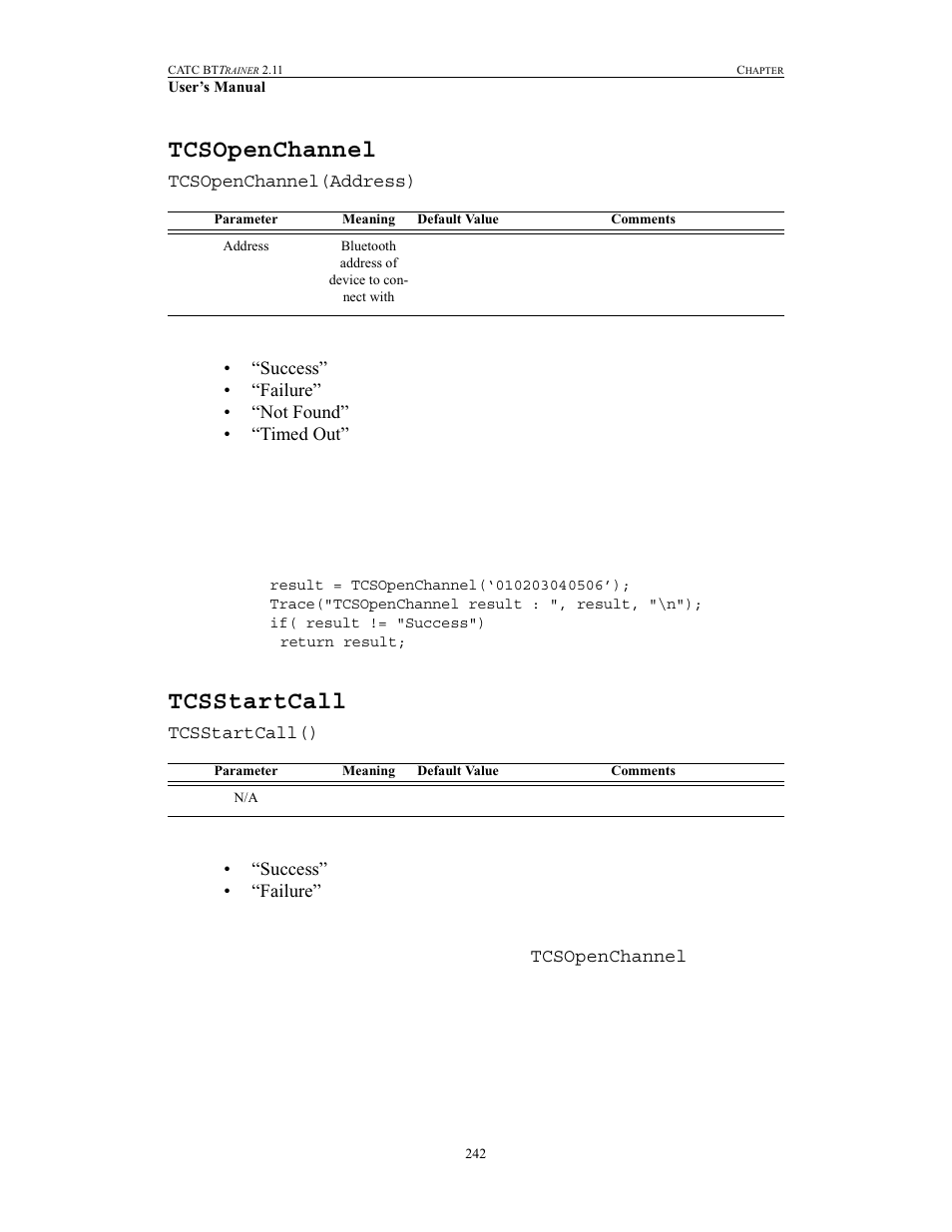 Tcsopenchannel, Tcsstartcall, Tcsopenchannel tcsstartcall | Teledyne LeCroy BTTracer_Trainer - BTTrainer Users Manual User Manual | Page 260 / 336