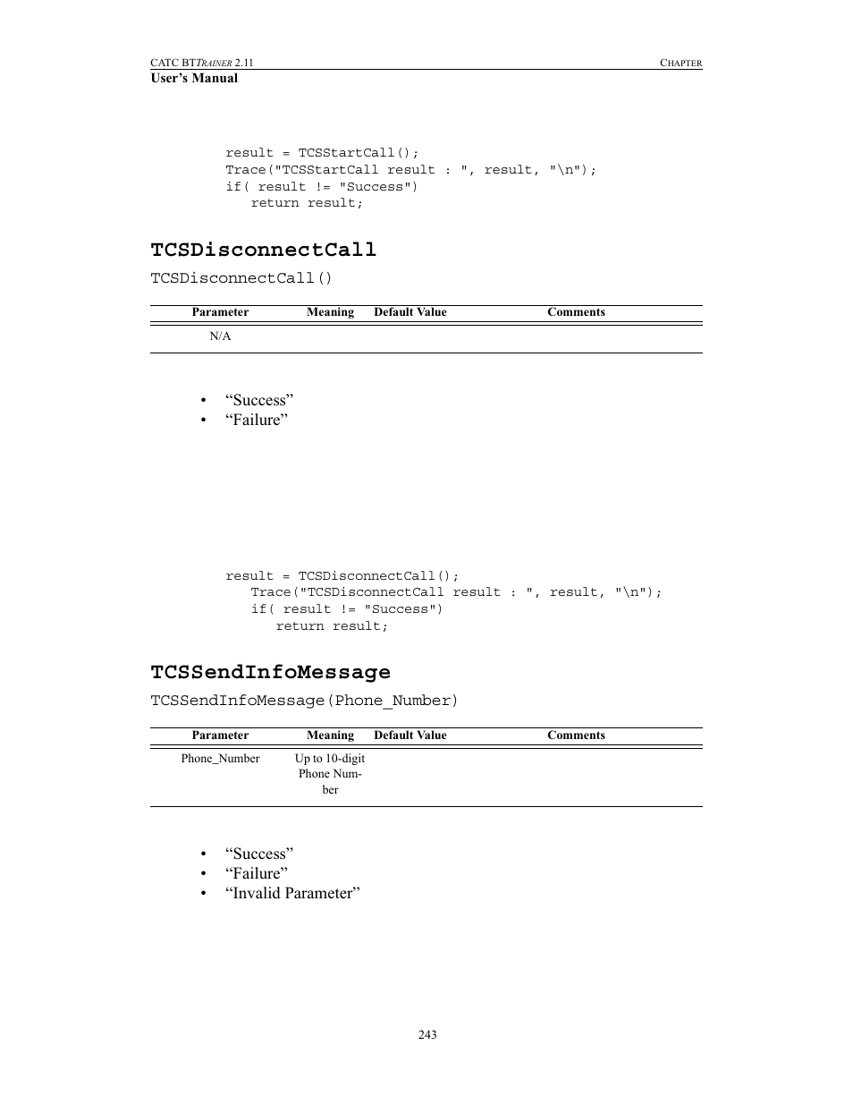 Tcsdisconnectcall, Tcssendinfomessage, Tcsdisconnectcall tcssendinfomessage | Teledyne LeCroy BTTracer_Trainer - BTTrainer Users Manual User Manual | Page 261 / 336