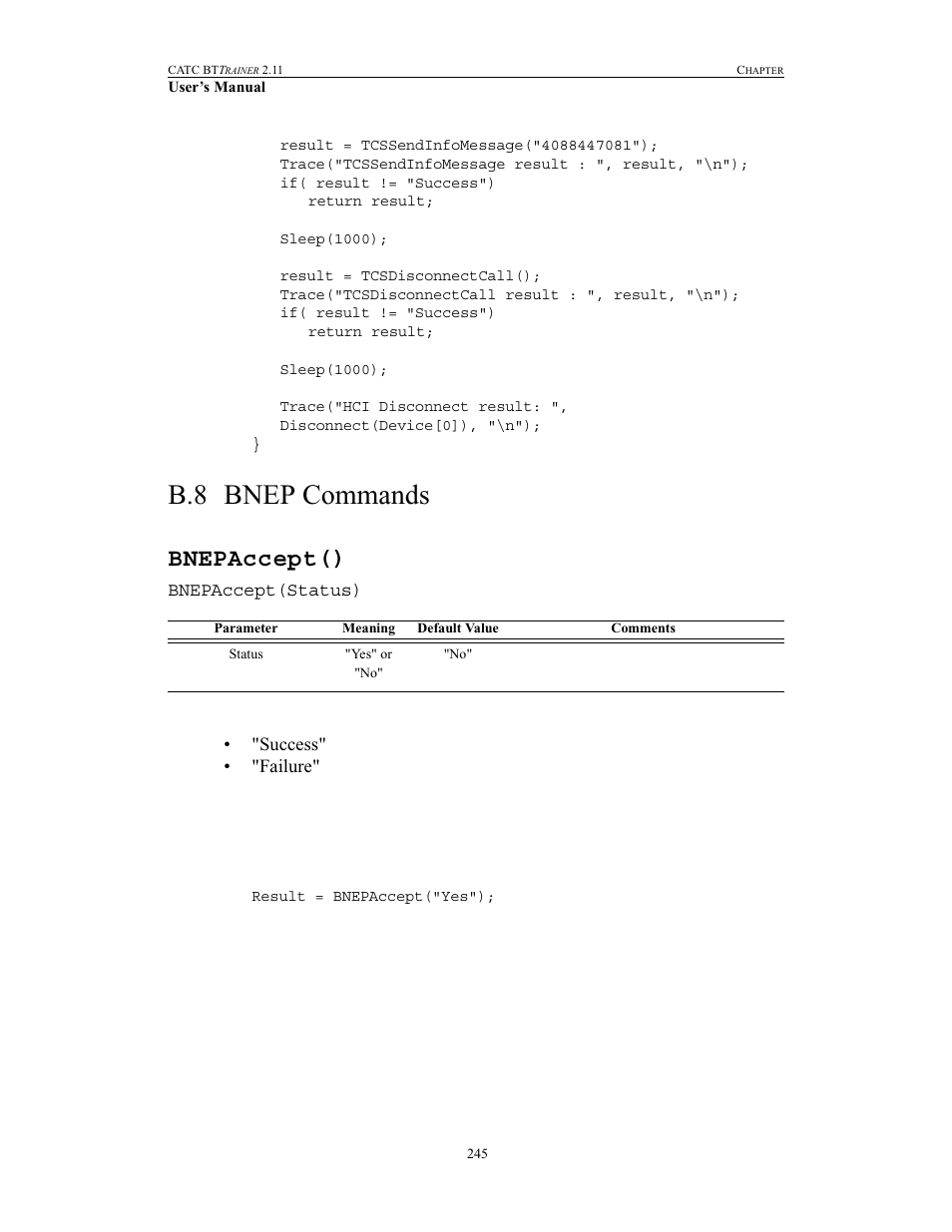 B.8 bnep commands, Bnepaccept(), Bnep commands | Teledyne LeCroy BTTracer_Trainer - BTTrainer Users Manual User Manual | Page 263 / 336