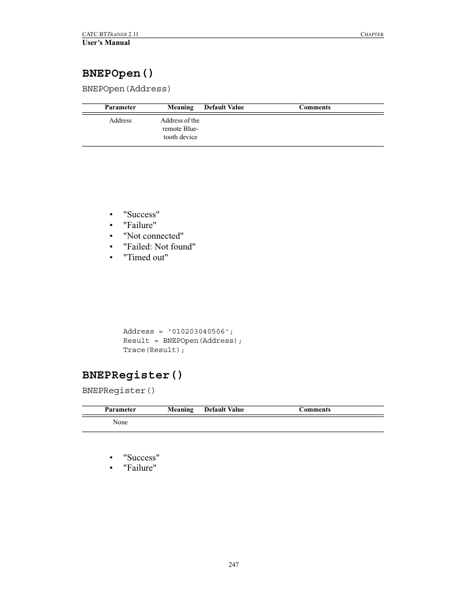 Bnepopen(), Bnepregister(), Bnepopen() bnepregister() | Teledyne LeCroy BTTracer_Trainer - BTTrainer Users Manual User Manual | Page 265 / 336