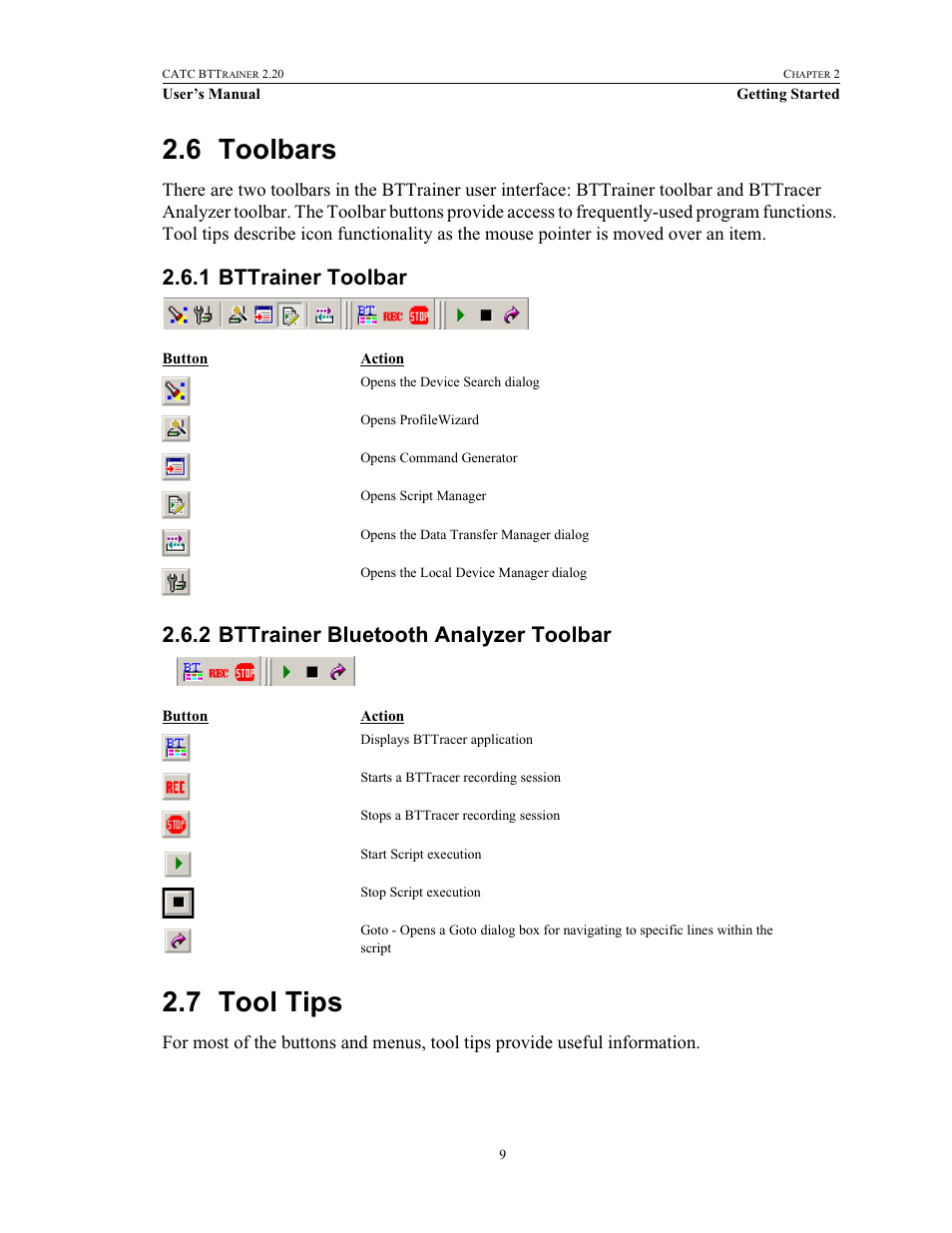 6 toolbars, 1 bttrainer toolbar, 2 bttrainer bluetooth analyzer toolbar | 7 tool tips, Toolbars, Tool tips | Teledyne LeCroy BTTracer_Trainer - BTTrainer Users Manual User Manual | Page 27 / 336