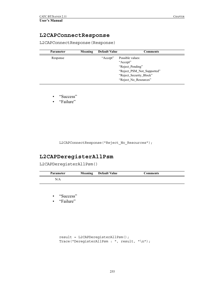 L2capconnectresponse, L2capderegisterallpsm, L2capconnectresponse l2capderegisterallpsm | Teledyne LeCroy BTTracer_Trainer - BTTrainer Users Manual User Manual | Page 273 / 336
