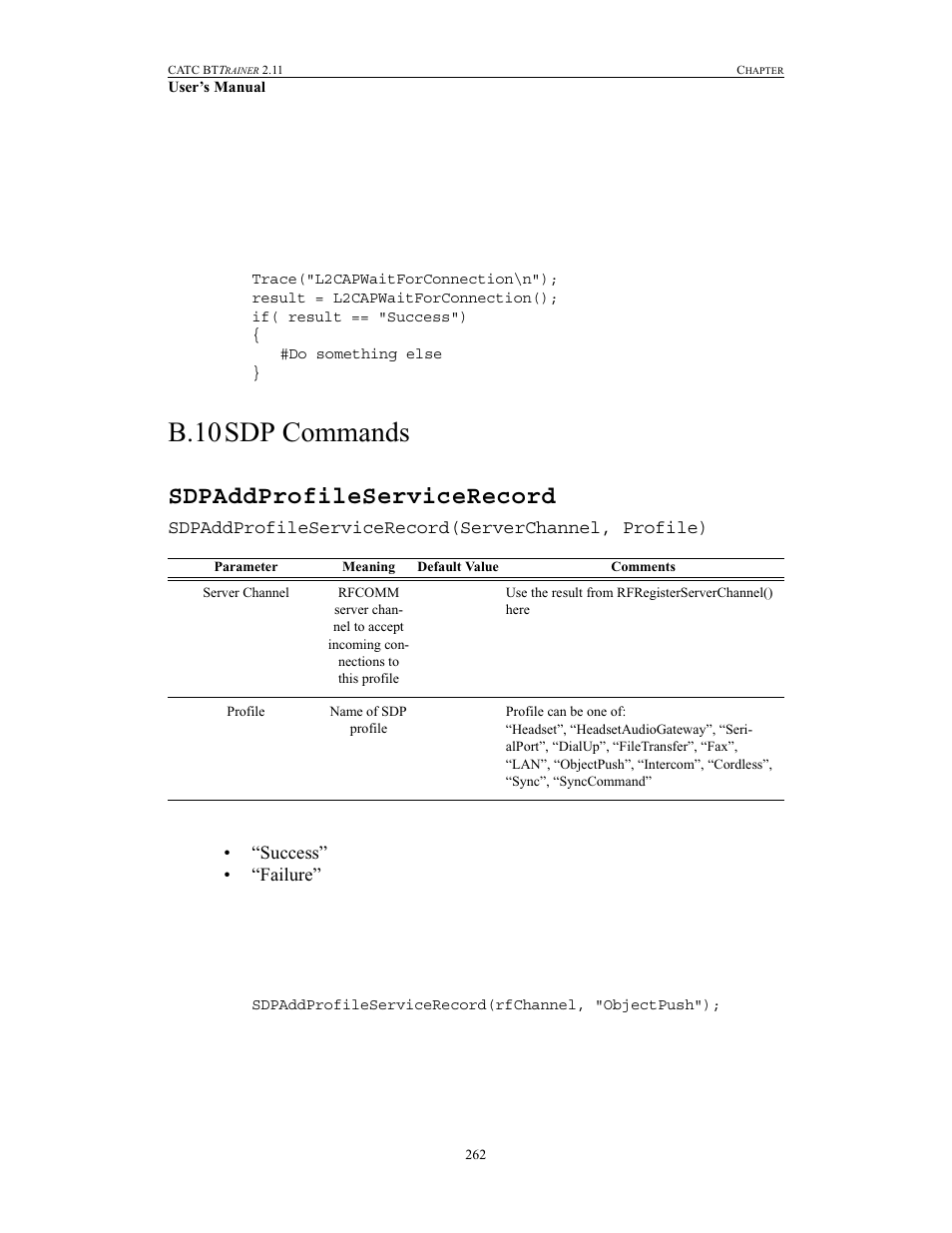 B.10 sdp commands, Sdpaddprofileservicerecord, Sdp commands | B.10sdp commands | Teledyne LeCroy BTTracer_Trainer - BTTrainer Users Manual User Manual | Page 280 / 336