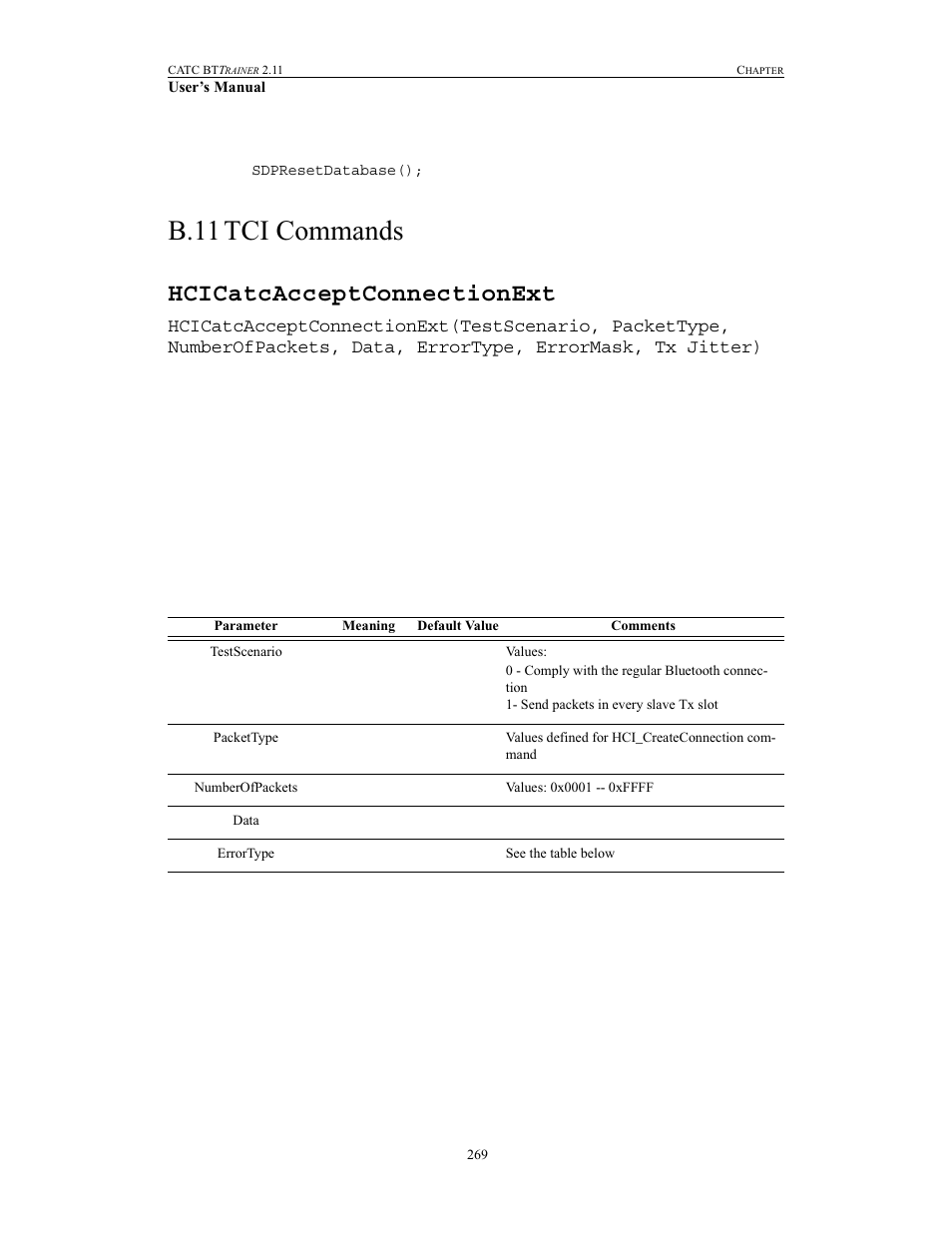 B.11 tci commands, Hcicatcacceptconnectionext, Tci commands | Teledyne LeCroy BTTracer_Trainer - BTTrainer Users Manual User Manual | Page 287 / 336