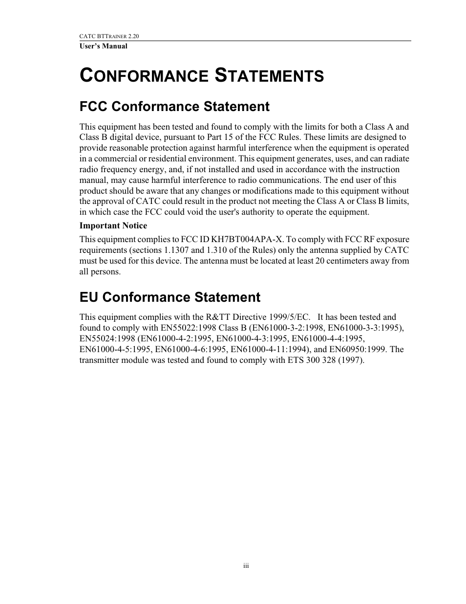 Conformance statements, Fcc conformance statement, Eu conformance statement | Onformance, Tatements | Teledyne LeCroy BTTracer_Trainer - BTTrainer Users Manual User Manual | Page 3 / 336
