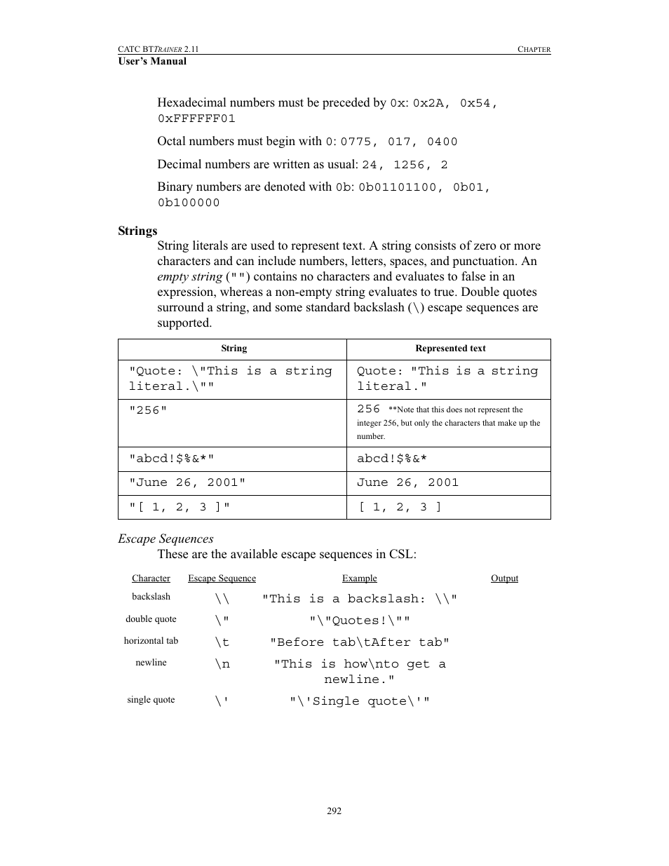 Strings, Escape sequences | Teledyne LeCroy BTTracer_Trainer - BTTrainer Users Manual User Manual | Page 310 / 336