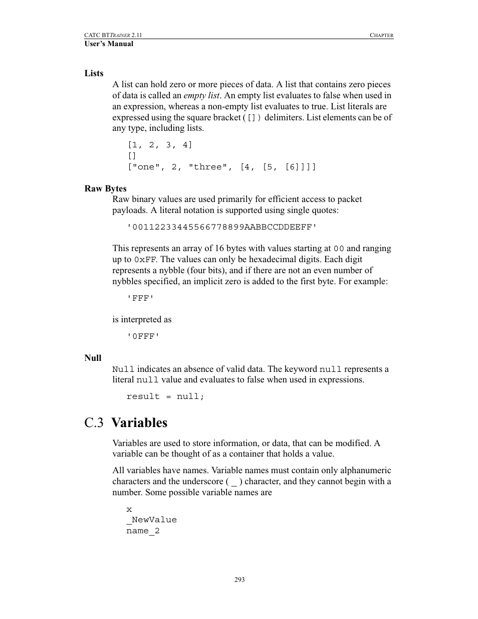 Lists, Raw bytes, Null | C.3 variables, Lists raw bytes null variables | Teledyne LeCroy BTTracer_Trainer - BTTrainer Users Manual User Manual | Page 311 / 336