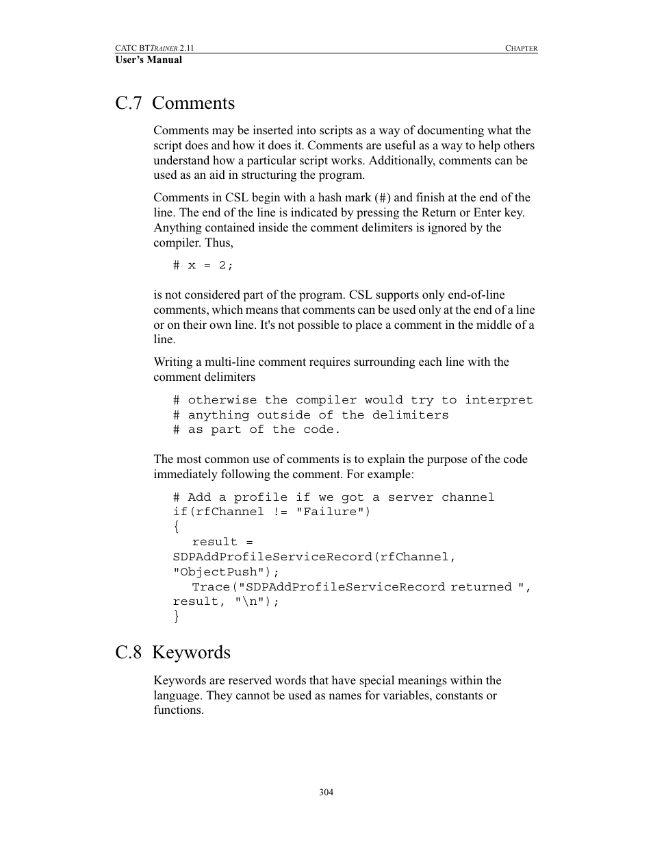 C.7 comments, C.8 keywords, Comments keywords | Teledyne LeCroy BTTracer_Trainer - BTTrainer Users Manual User Manual | Page 322 / 336