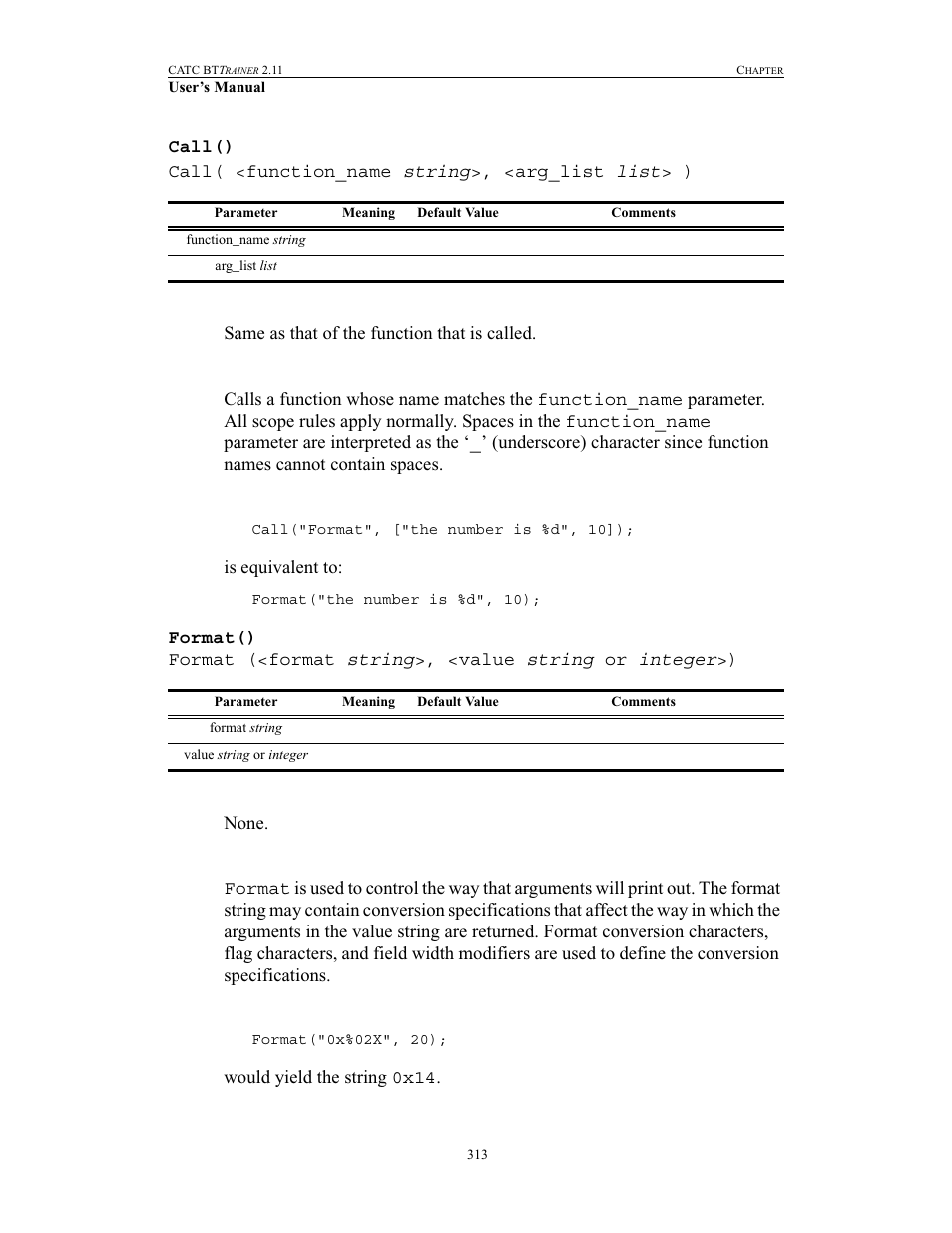 Call(), Format(), Call() format() | Teledyne LeCroy BTTracer_Trainer - BTTrainer Users Manual User Manual | Page 331 / 336