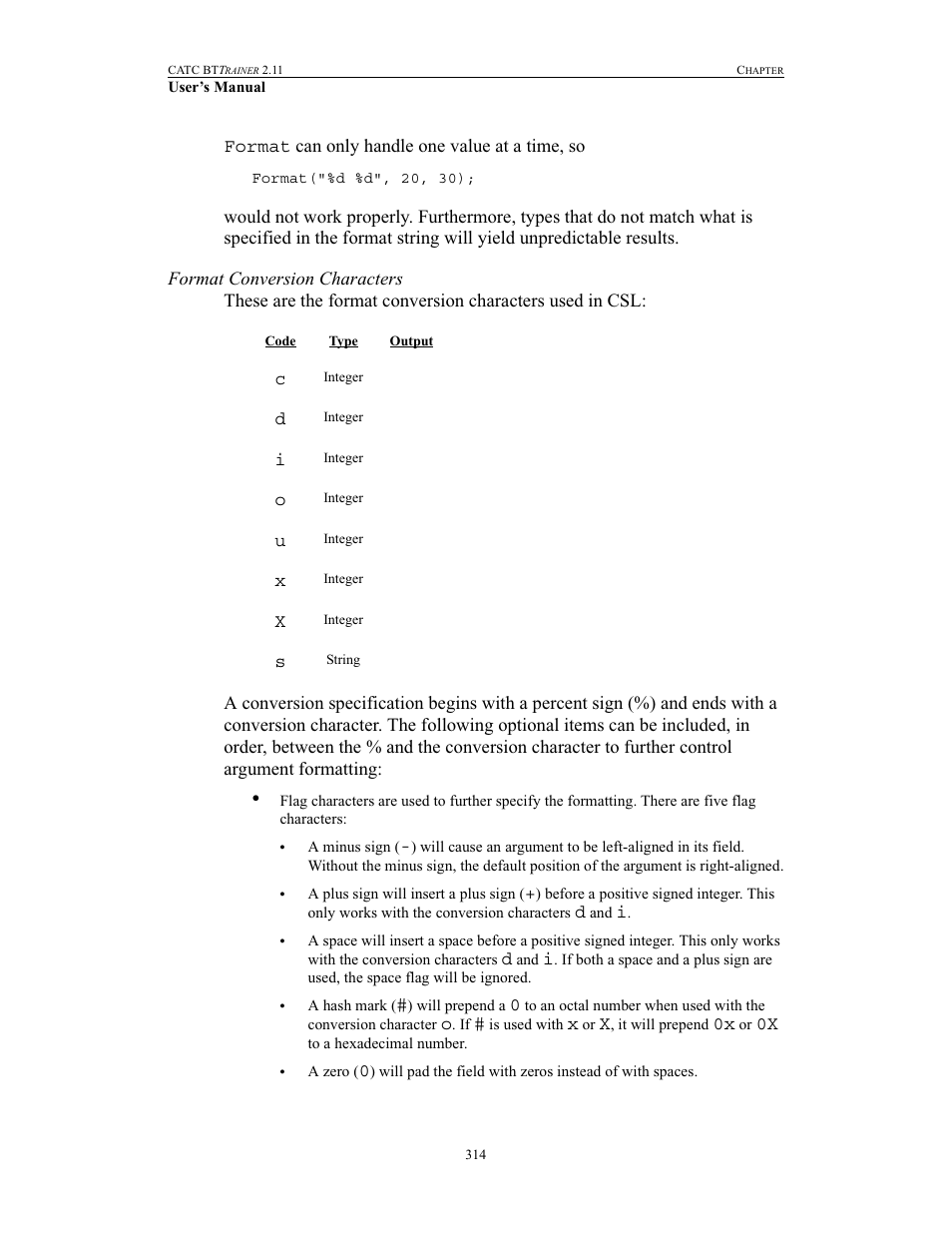 Format conversion characters | Teledyne LeCroy BTTracer_Trainer - BTTrainer Users Manual User Manual | Page 332 / 336