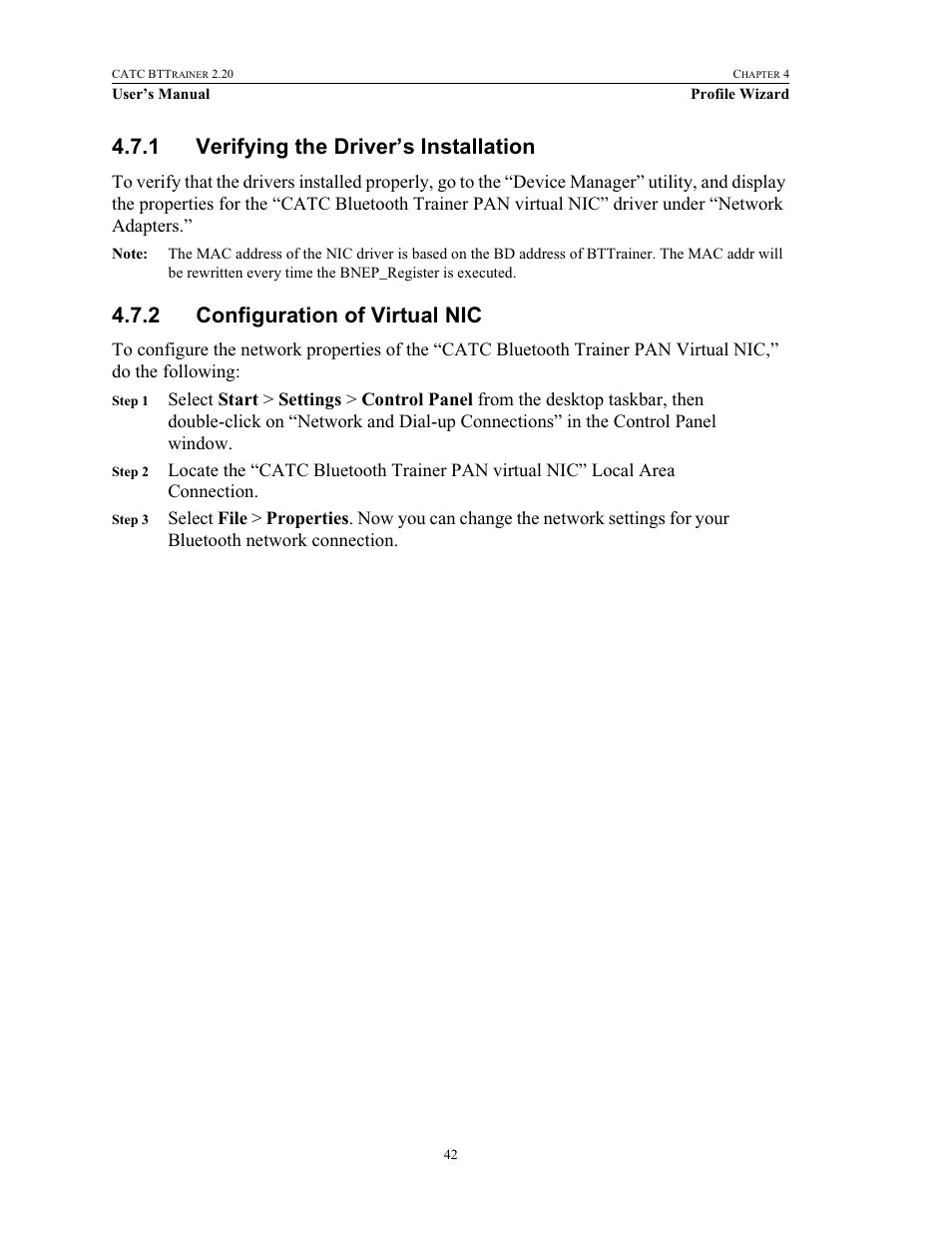 1 verifying the driver’s installation, 2 configuration of virtual nic | Teledyne LeCroy BTTracer_Trainer - BTTrainer Users Manual User Manual | Page 60 / 336