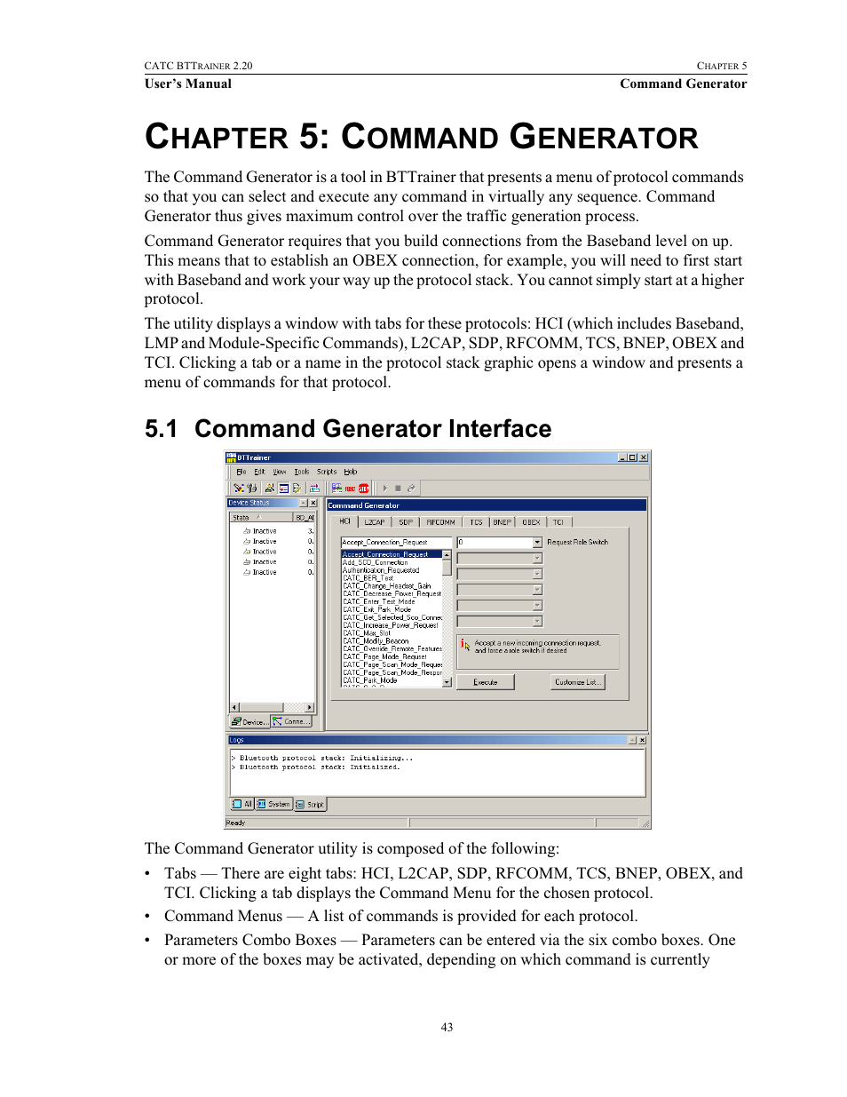 Chapter 5: command generator, 1 command generator interface, Chapter 5 | Command generator, Command generator interface, Hapter, Ommand, Enerator | Teledyne LeCroy BTTracer_Trainer - BTTrainer Users Manual User Manual | Page 61 / 336