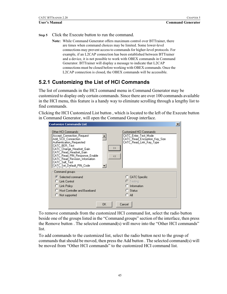 1 customizing the list of hci commands, Customizing the list of hci commands | Teledyne LeCroy BTTracer_Trainer - BTTrainer Users Manual User Manual | Page 63 / 336