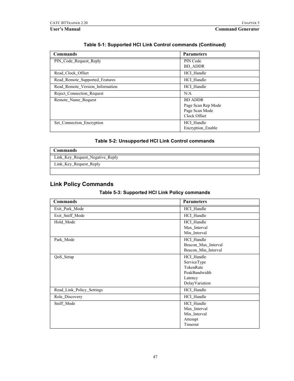 Link policy commands | Teledyne LeCroy BTTracer_Trainer - BTTrainer Users Manual User Manual | Page 65 / 336