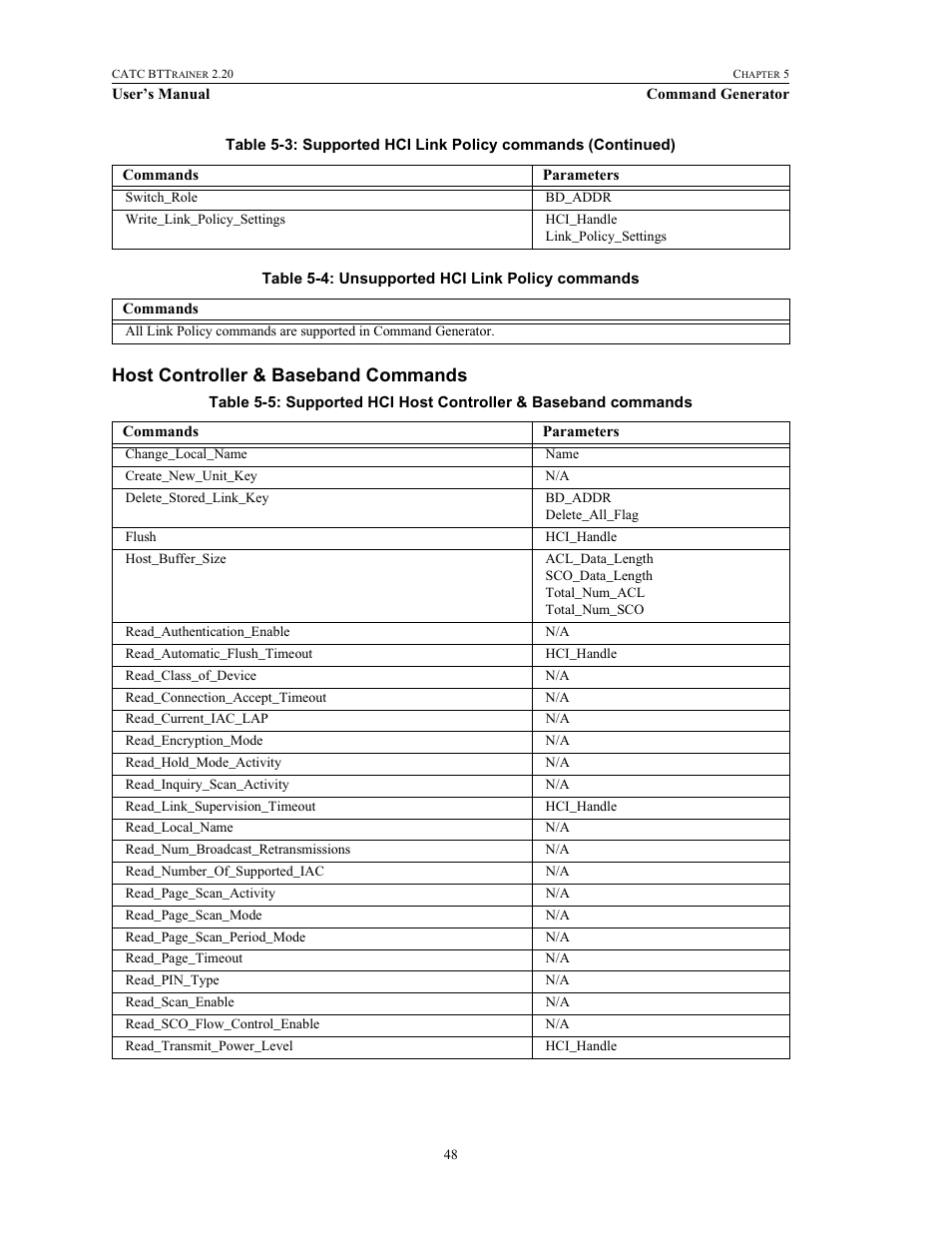 Host controller & baseband commands | Teledyne LeCroy BTTracer_Trainer - BTTrainer Users Manual User Manual | Page 66 / 336