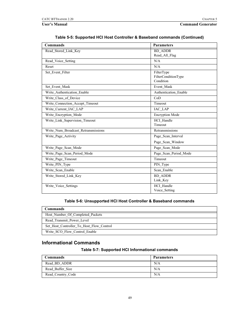 Informational commands | Teledyne LeCroy BTTracer_Trainer - BTTrainer Users Manual User Manual | Page 67 / 336